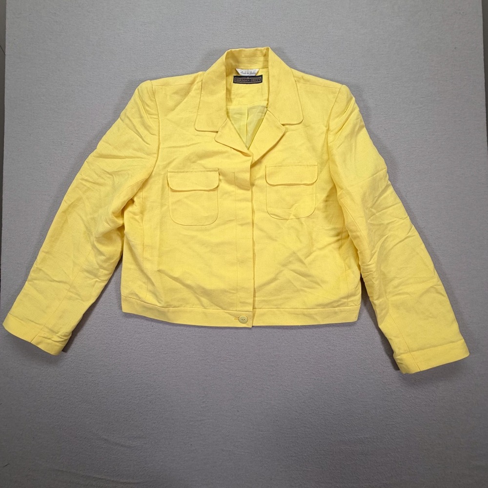 Herman‎ Geist Women Blazer Regular Yellow Linen Blend Flap Pockets Size 14